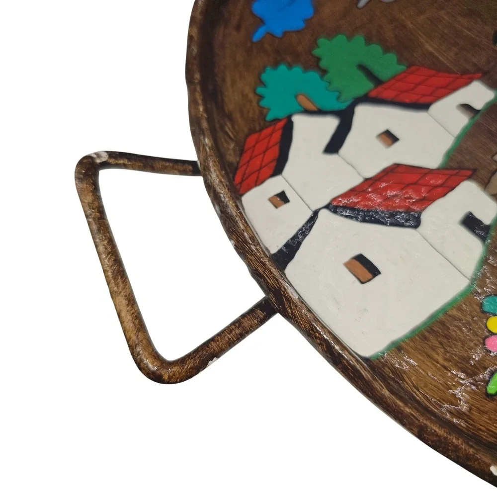 Vintage El Salvador Hand Painted Folk Art Serving Tray Village Scene Donkey